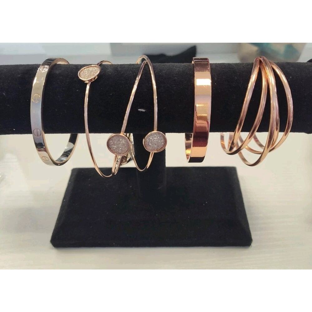 Lot 6 Piece Rose Gold Tone Metal Bangle Bracelets (4) Cuff(2) Fits Up To 7"